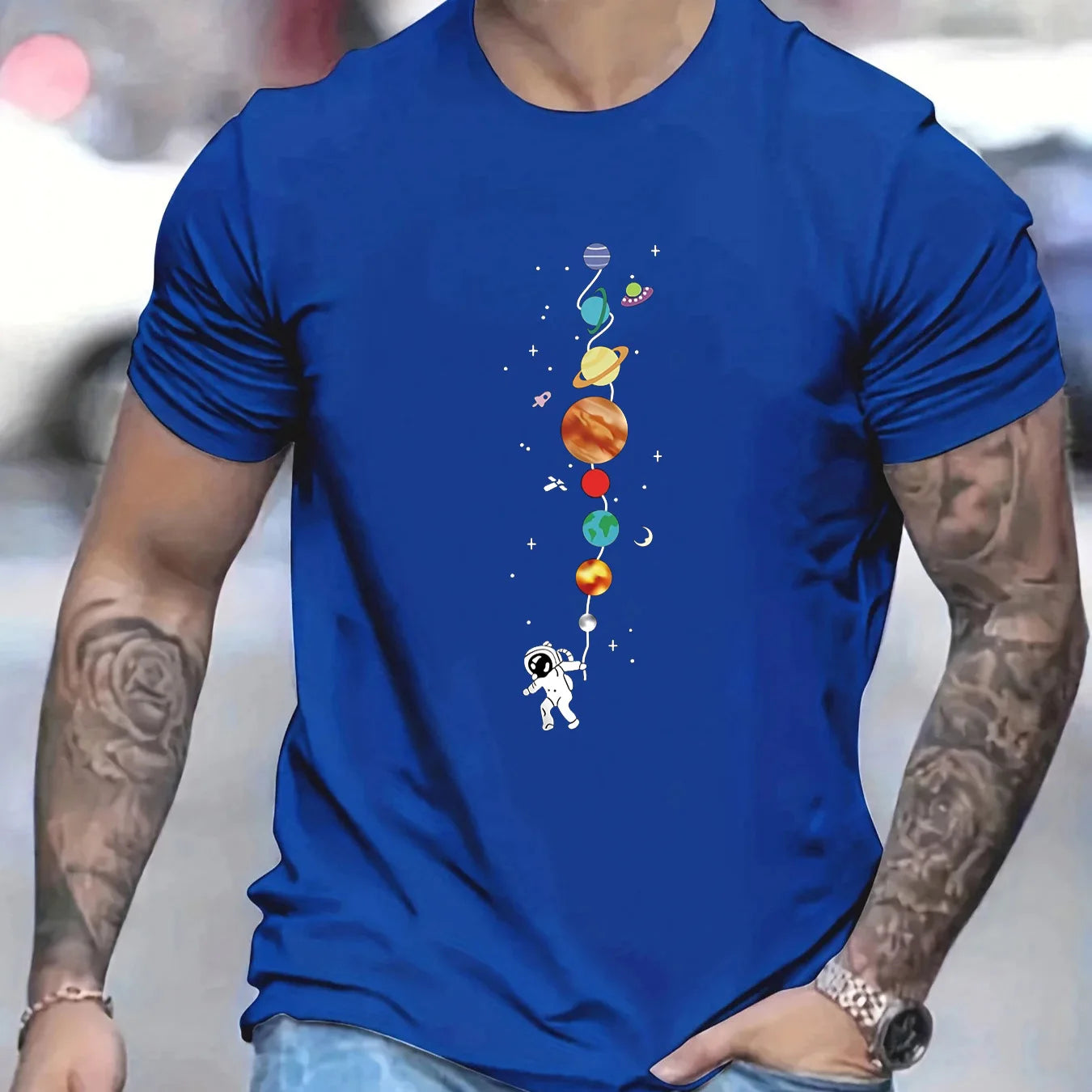 Astronaut planet pattern short sleeved T-shirt