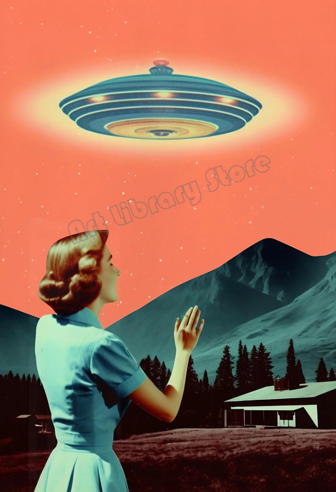 Retro Outerspace UFO Funny Cow Alien Drinking Coffee Canvas