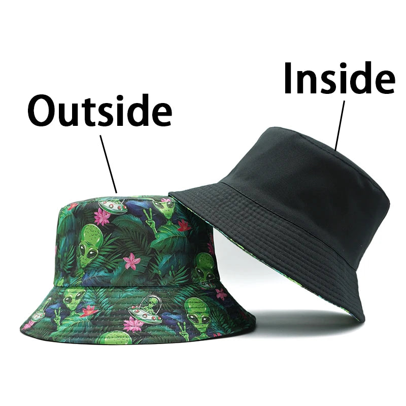 Bocca Cartoon Alien Bucket Hat Green Leaf Printing