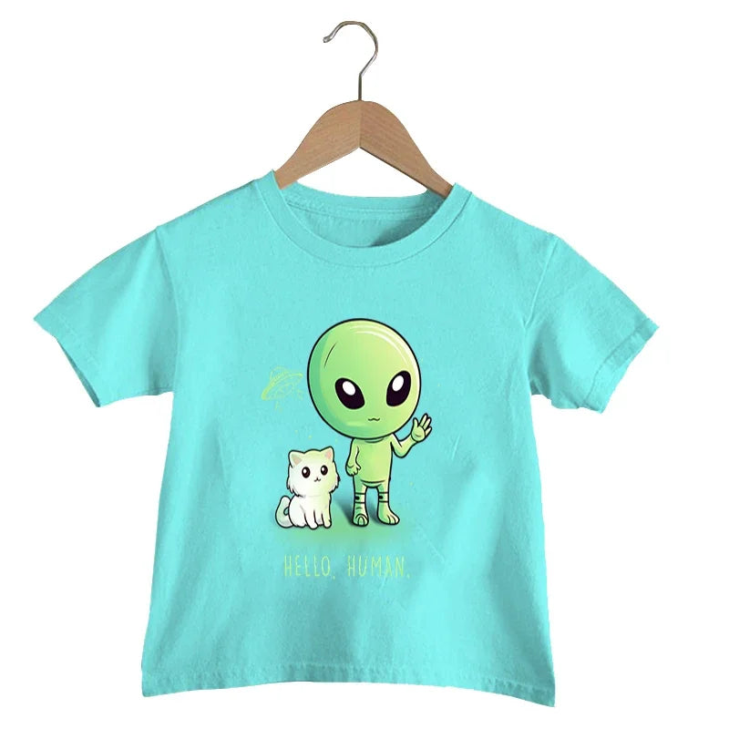 Hello Human Print T Shirt Baby Boys Funny Alien UFO T-shirt