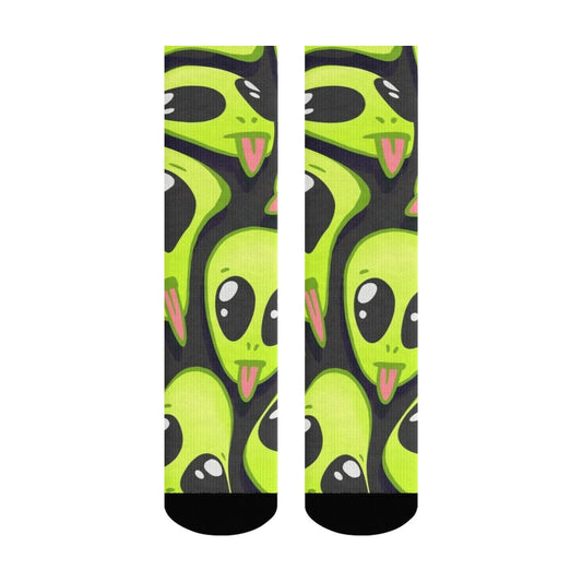 Cute Cartoon Green Alien Pink Tongue Crew Socks