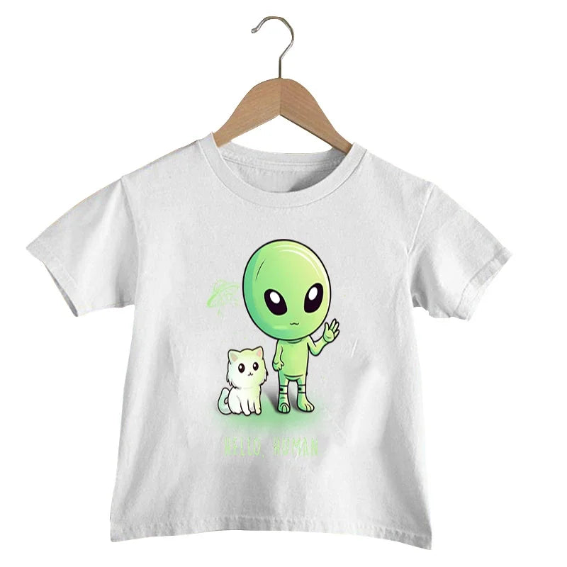 Hello Human Print T Shirt Baby Boys Funny Alien UFO T-shirt