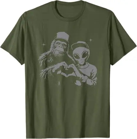 Bigfoot and Alien Sasquatch Love Hand Sign T-Shirt