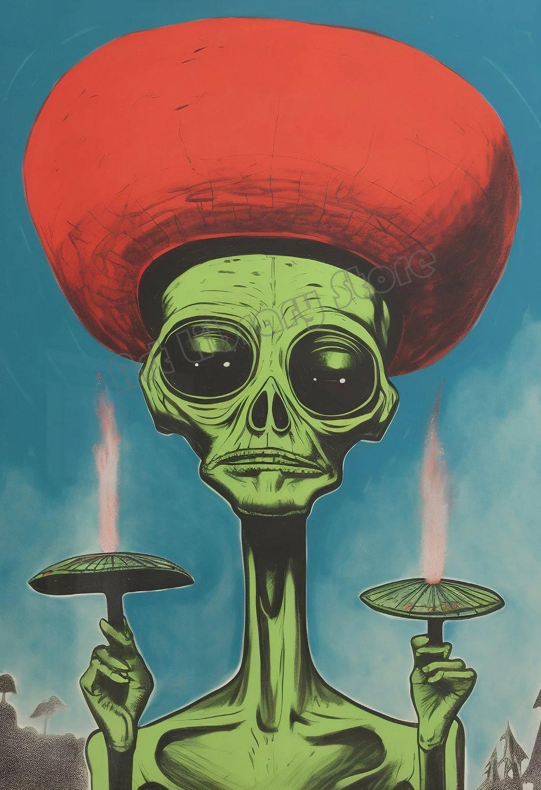Retro Outerspace UFO Funny Cow Alien Drinking Coffee Canvas