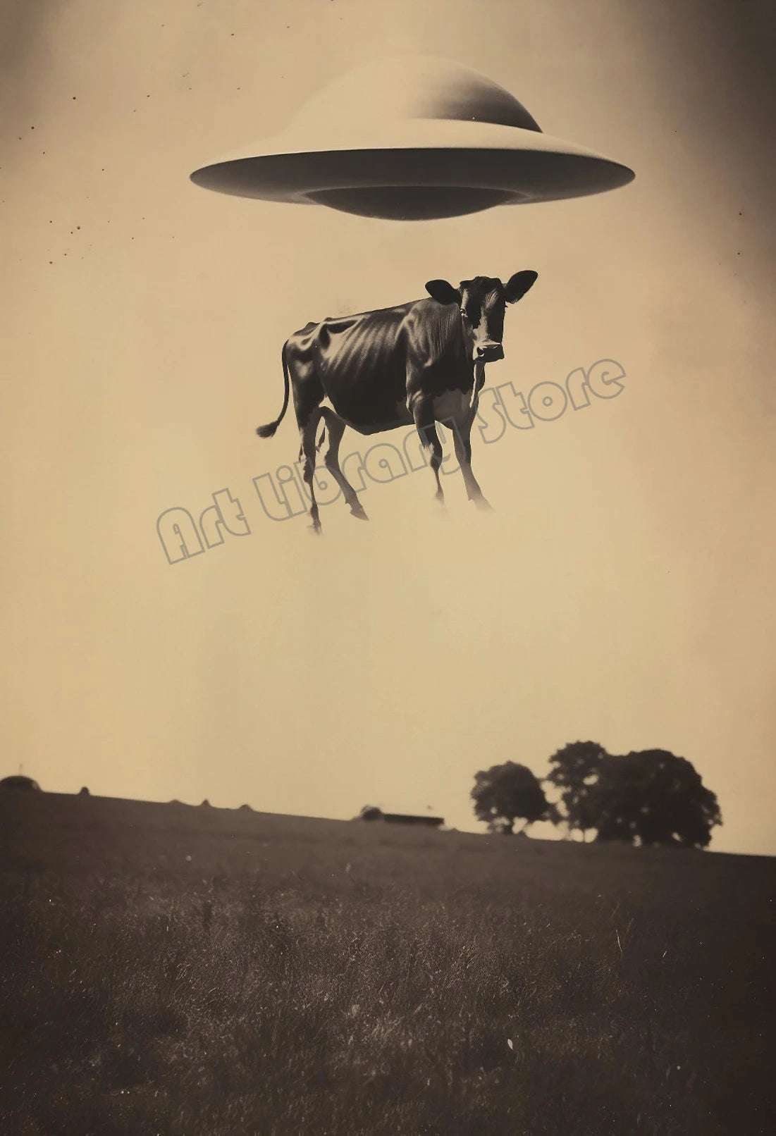 Retro Outerspace UFO Funny Cow Alien Drinking Coffee Canvas