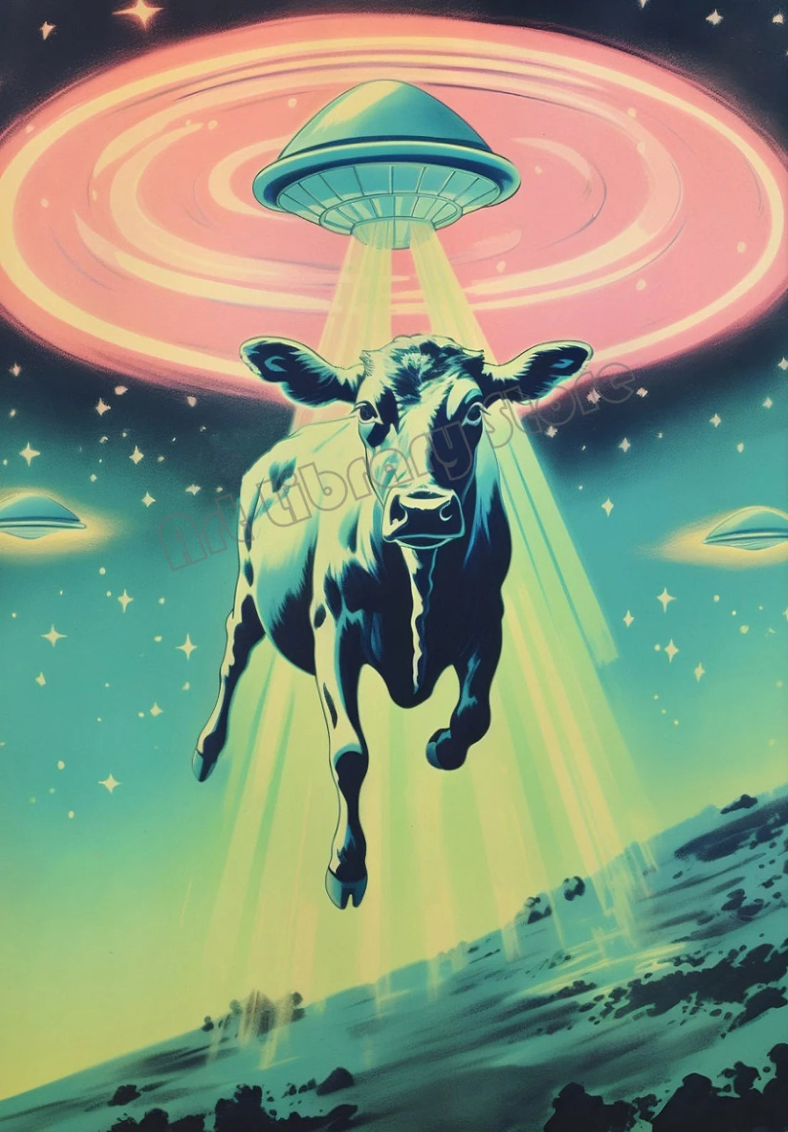 Retro Outerspace UFO Funny Cow Alien Drinking Coffee Canvas