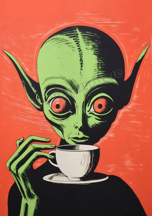 Retro Outerspace UFO Funny Cow Alien Drinking Coffee Canvas
