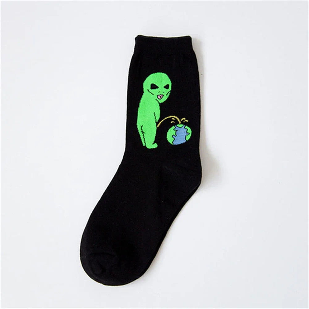 Women Art Funny Alien Planet Creative Funny Cartoon Cat Unisex Breathable Cotton Socks