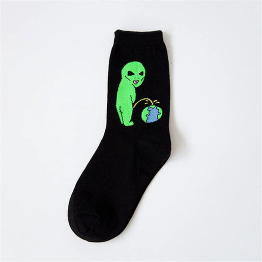 Women Art Funny Alien Planet Creative Funny Cartoon Cat Unisex Breathable Cotton Socks