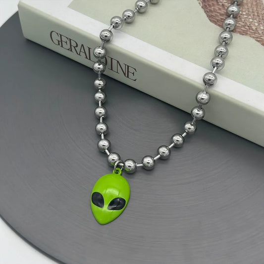 Y2K Cyber Chunky Bead Chain Green Alien Face Charm
