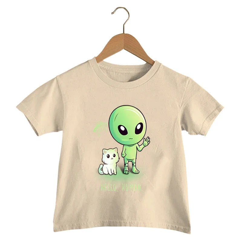 Hello Human Print T Shirt Baby Boys Funny Alien UFO T-shirt