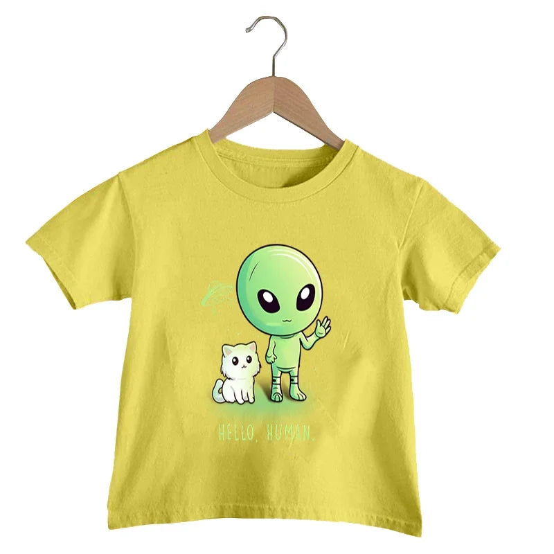 Hello Human Print T Shirt Baby Boys Funny Alien UFO T-shirt