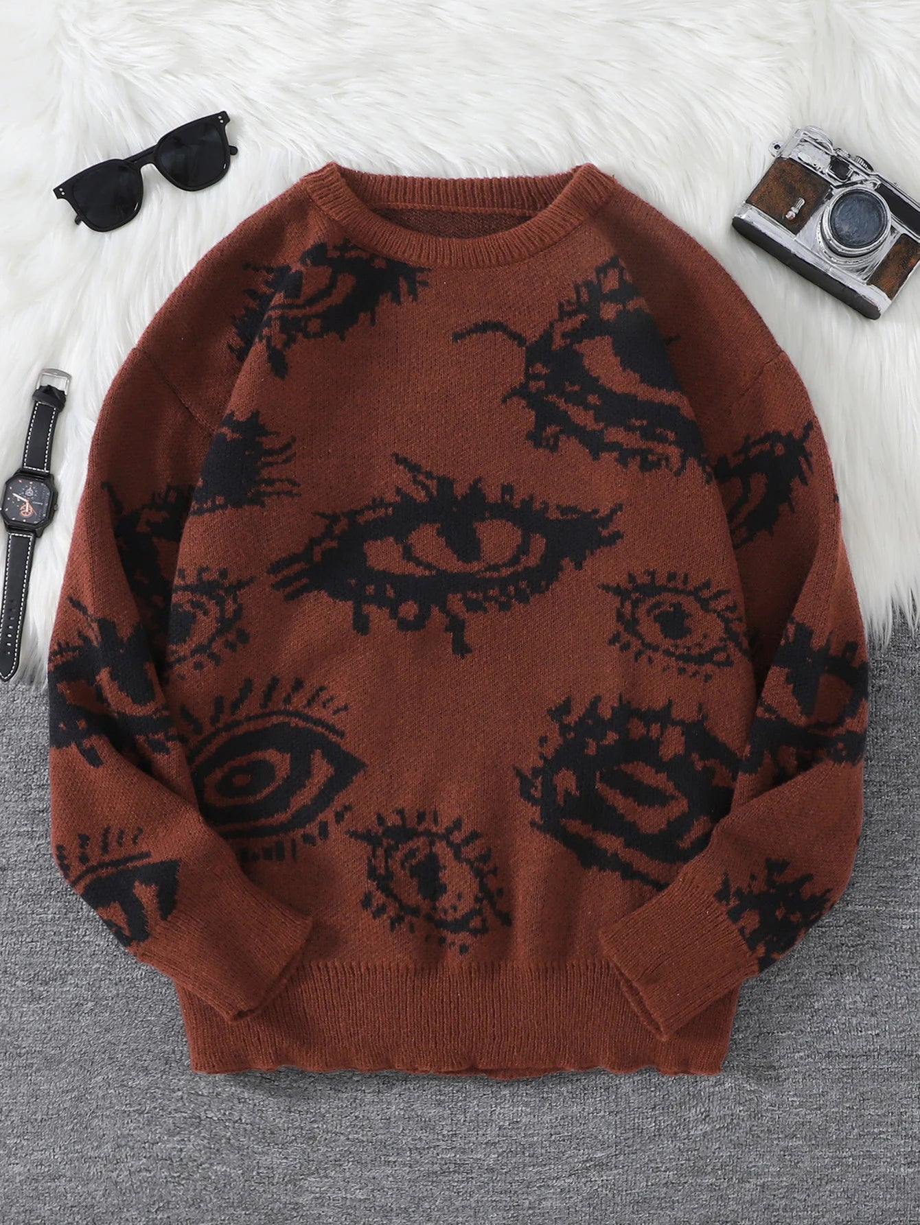 Autumn and Winter Abstract Eye Jacquard Pattern Pullover Sweater