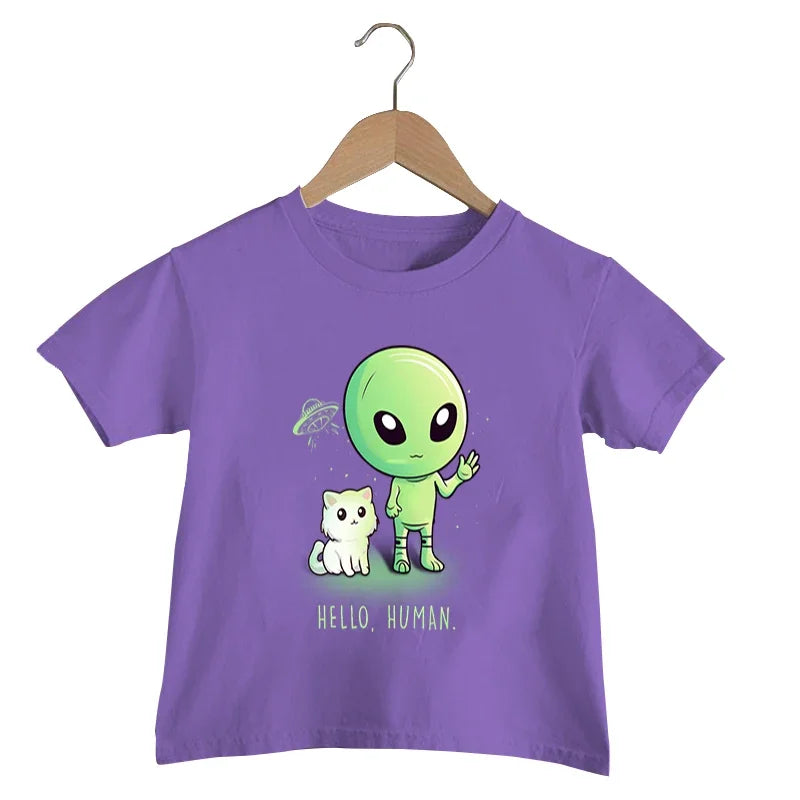 Hello Human Print T Shirt Baby Boys Funny Alien UFO T-shirt
