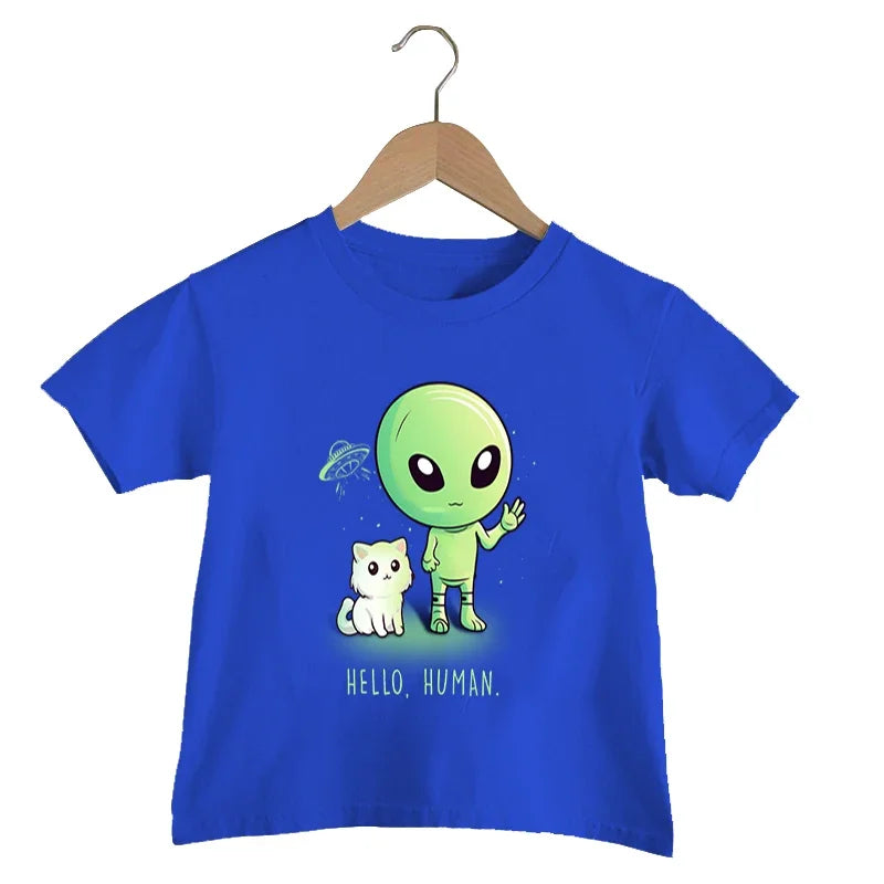 Hello Human Print T Shirt Baby Boys Funny Alien UFO T-shirt
