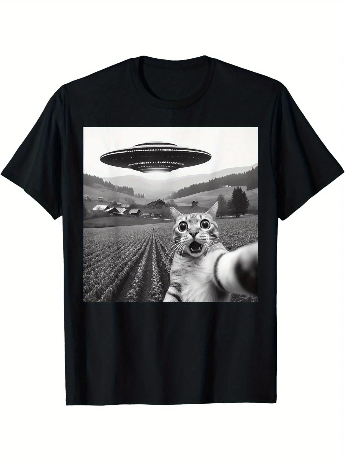 UFO and Cat Pattern Print T shirt Women & Men