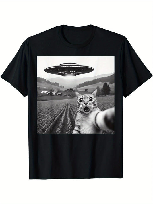 UFO and Cat Pattern Print T shirt Women & Men