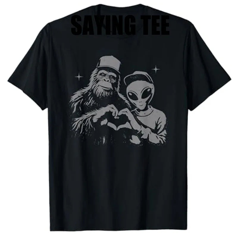 Bigfoot and Alien Sasquatch Love Hand Sign T-Shirt