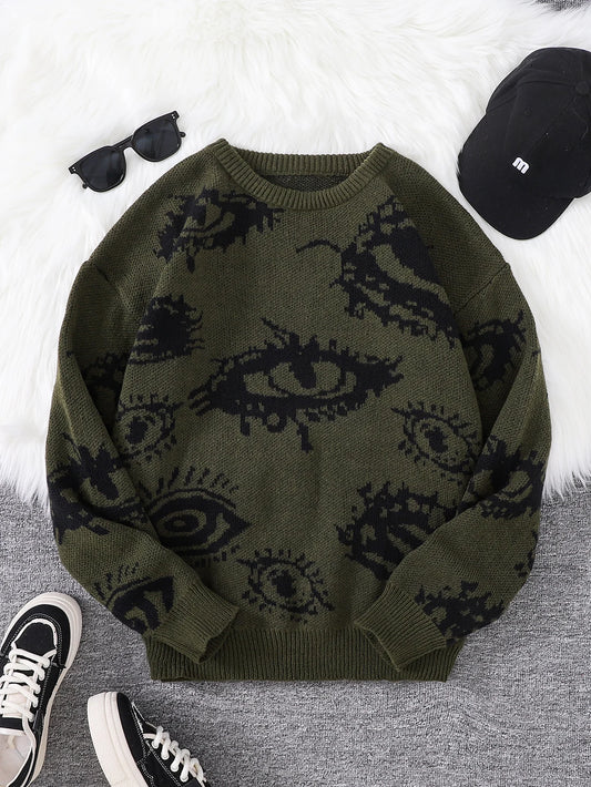 Autumn and Winter Abstract Eye Jacquard Pattern Pullover Sweater