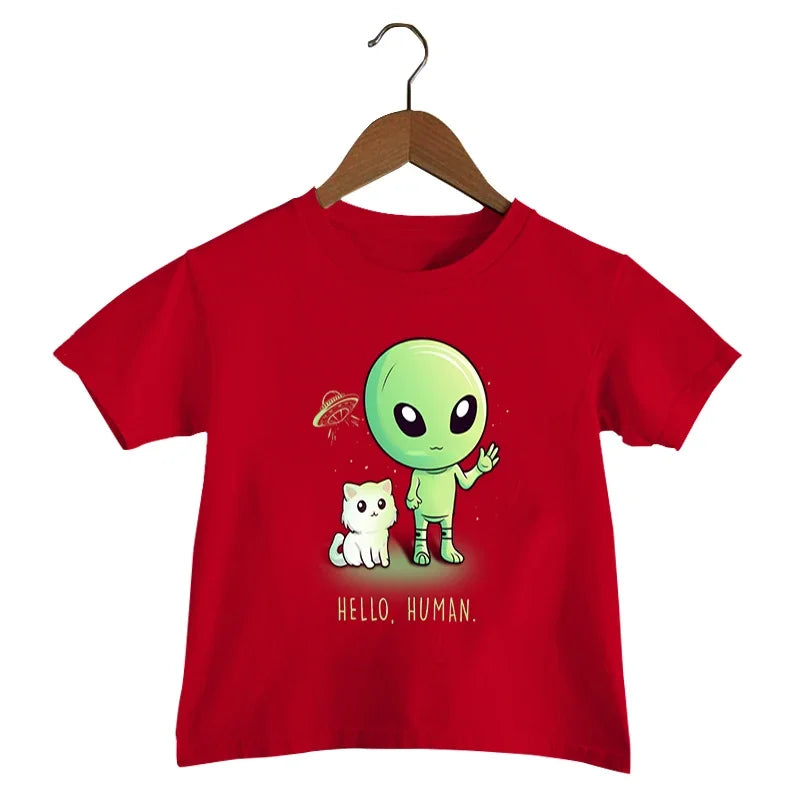 Hello Human Print T Shirt Baby Boys Funny Alien UFO T-shirt